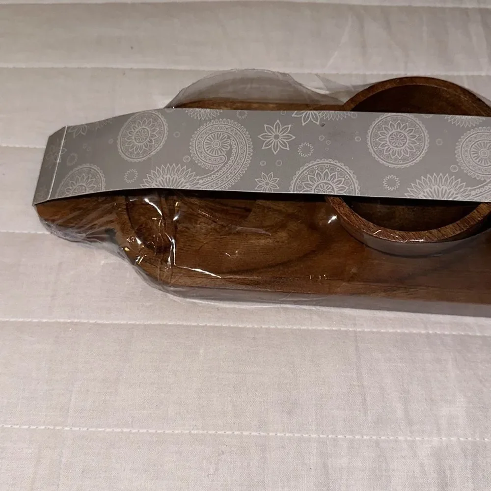 Karma Set of 5 piece Teak Wooden Condiment Dipping Bowls with a Serving Tray